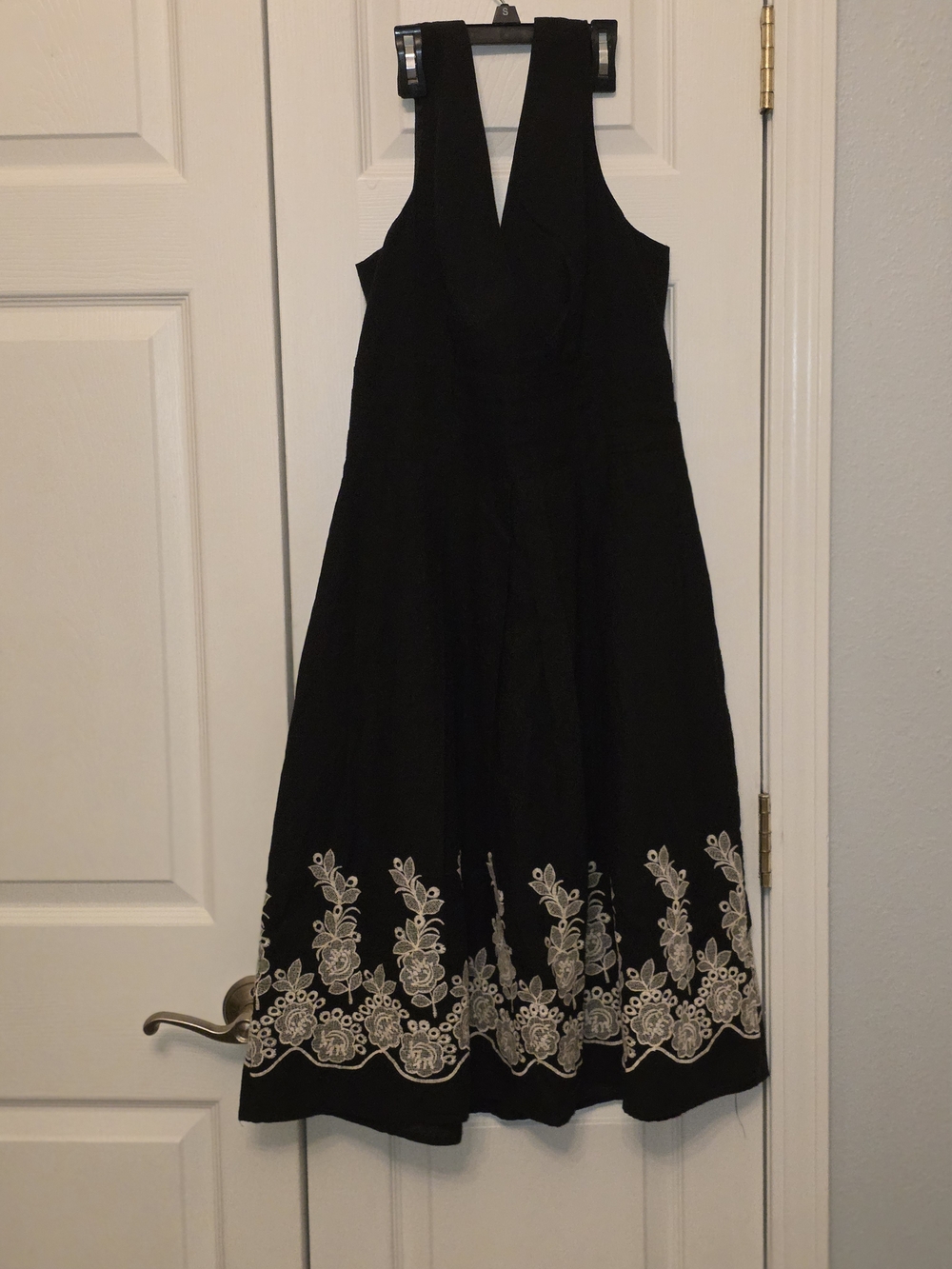 connected apparel Black Midi Dress with White Embroidered Hem